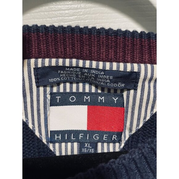 Vntage 90s Tommy Hilfiger Men's Size XL Crew Neck Y2K Sweater Blue Red Striped - Picture 2 of 4